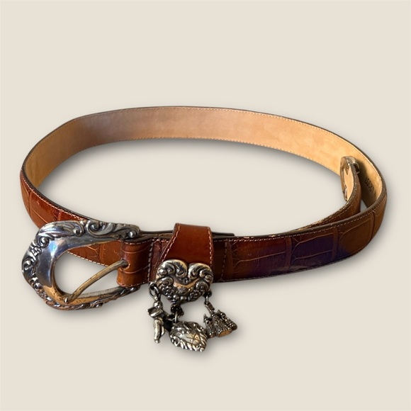 VTG 1996 Brighton Brown Crocodile Embossed Leather Belt w/ Silver Charm Buckle - Picture 2 of 5